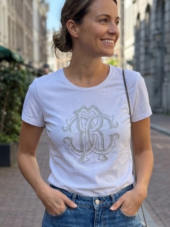 Roberto Cavalli Tops - Roberto Cavalli Made in Italy Silver Glitter Monogram Logo Tee White Size XXL